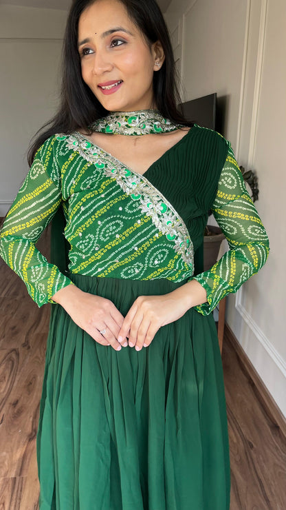 Luxuriant Green Color Pure Bandhej With Faux Georgette And Sequence Embroidery Work Beautiful Gown