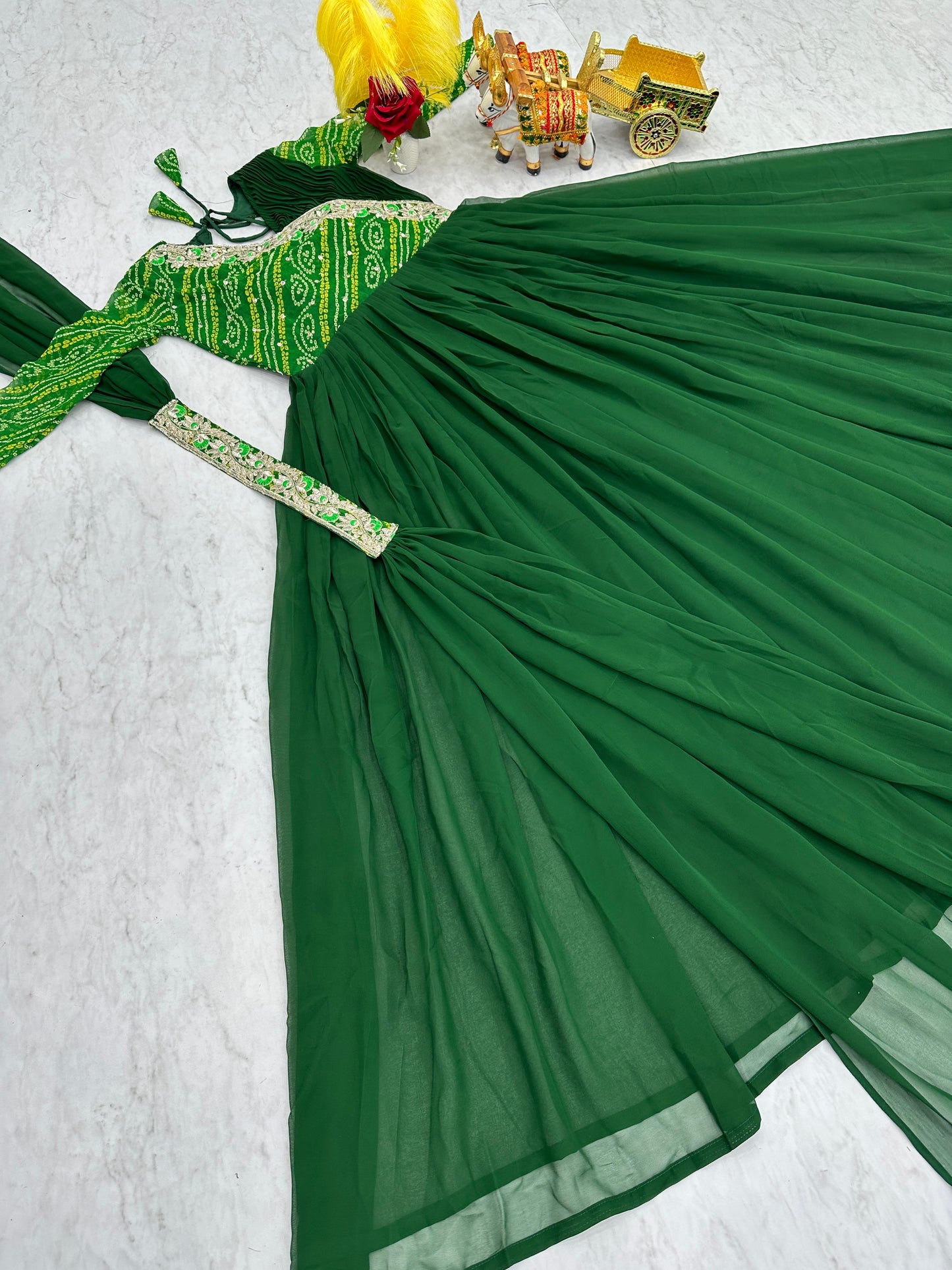 Luxuriant Green Color Pure Bandhej With Faux Georgette And Sequence Embroidery Work Beautiful Gown
