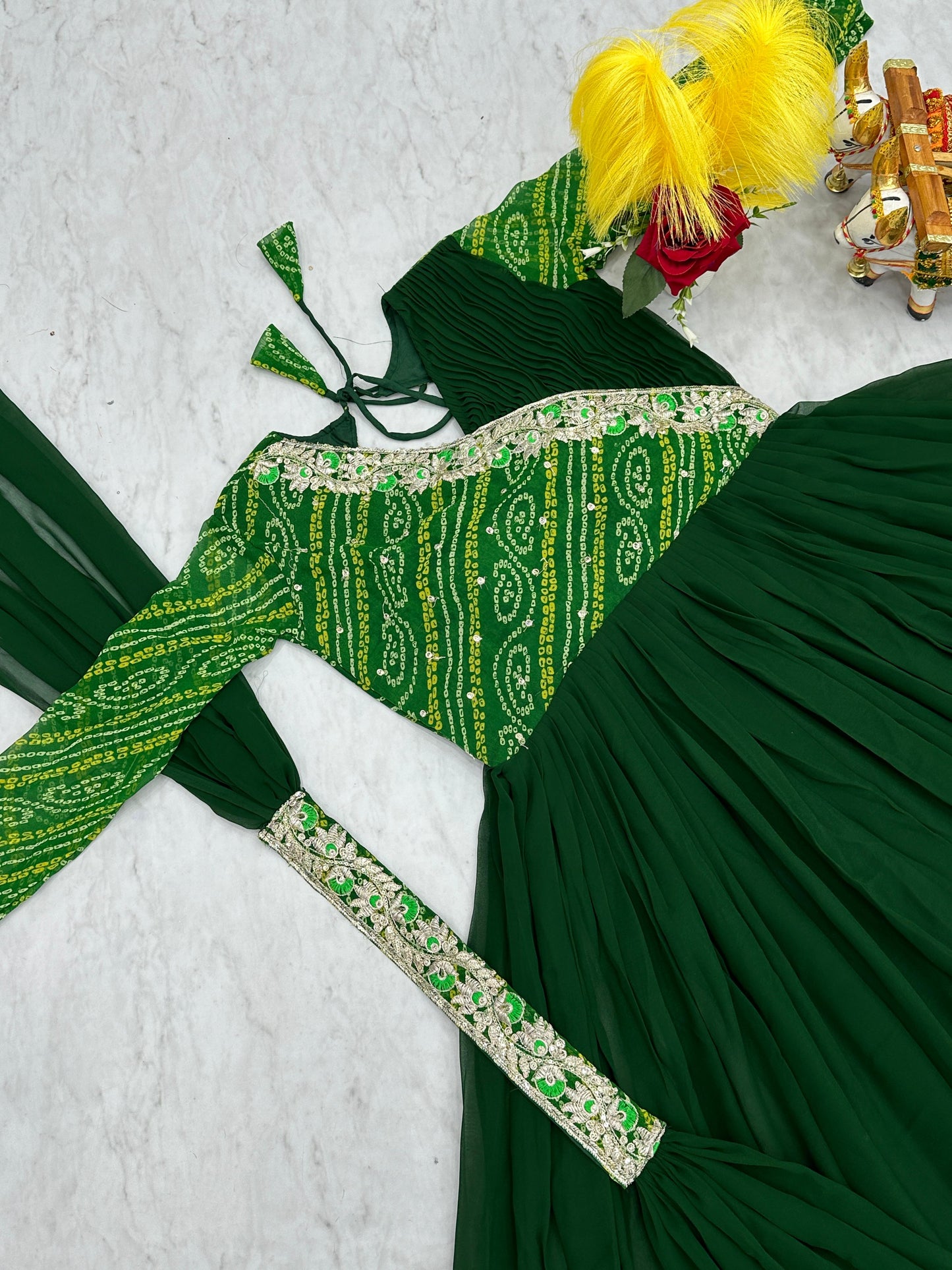 Luxuriant Green Color Pure Bandhej With Faux Georgette And Sequence Embroidery Work Beautiful Gown