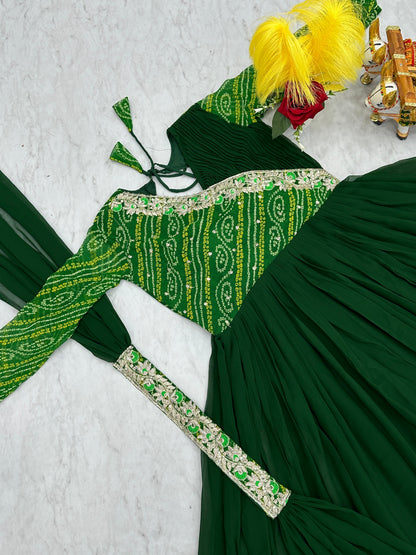 Luxuriant Green Color Pure Bandhej With Faux Georgette And Sequence Embroidery Work Beautiful Gown
