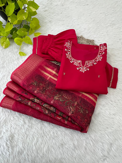 Premium Roman Silk Soft Fabric With Hand work Neck Red Color Kurti With Pant