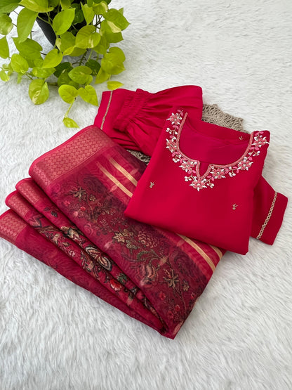 Premium Roman Silk Soft Fabric With Hand work Neck Red Color Kurti With Pant