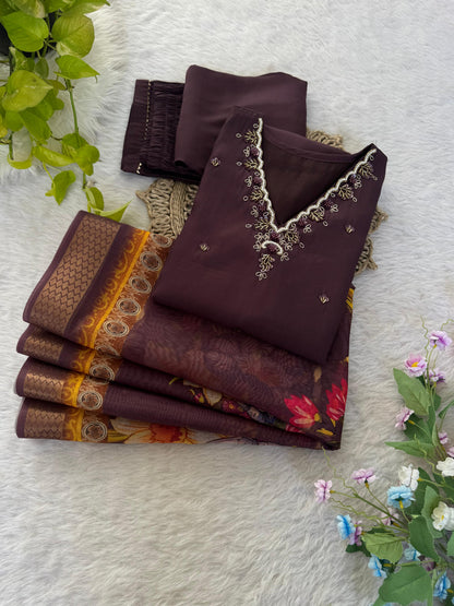 Premium Roman Silk Soft Fabric With Handwork Neck Brown Color Kurti With Pant