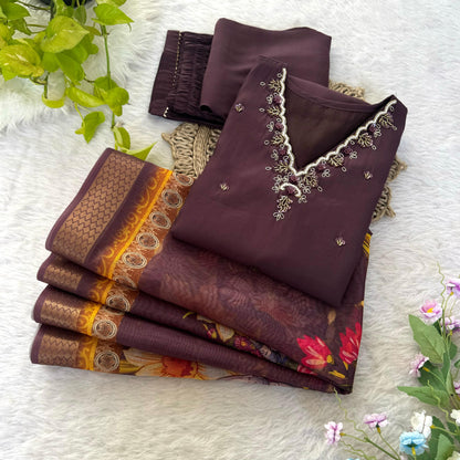 Premium Roman Silk Soft Fabric With Handwork Neck Brown Color Kurti With Pant