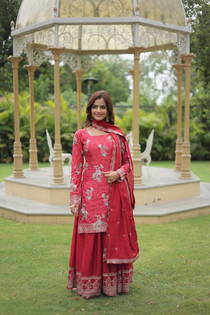 Party Wear Red Color Chinon Printed With Sequins And Thread Embroidered Work Designer Palazzo Suit
