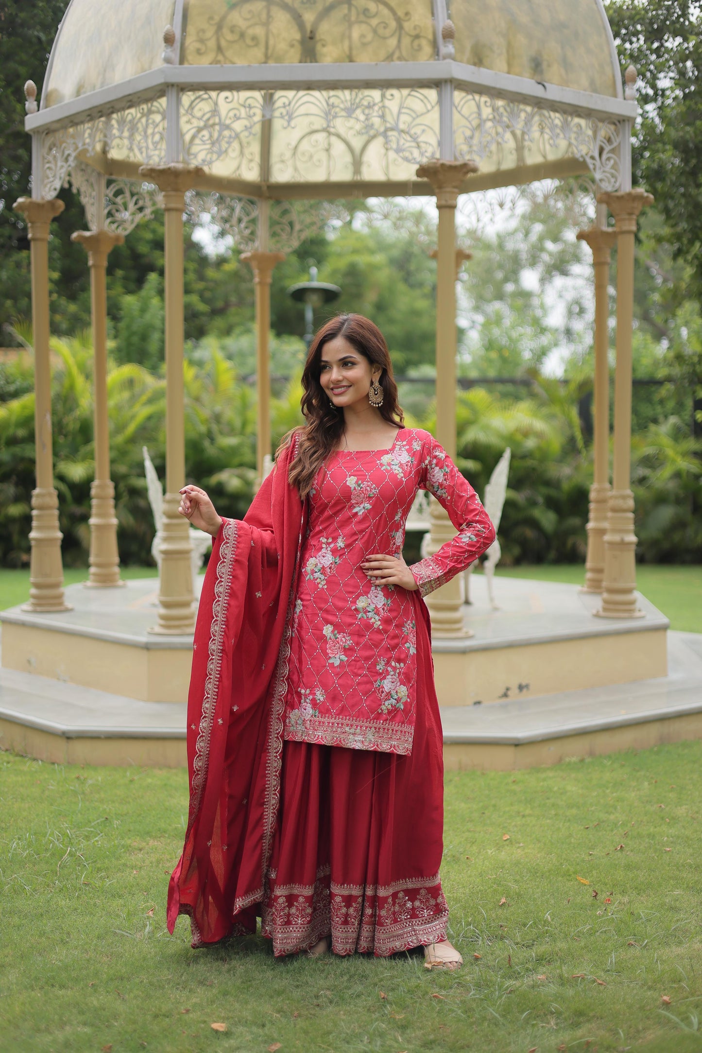 Party Wear Red Color Chinon Printed With Sequins And Thread Embroidered Work Designer Palazzo Suit