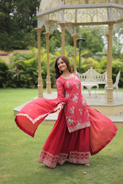 Party Wear Red Color Chinon Printed With Sequins And Thread Embroidered Work Designer Palazzo Suit