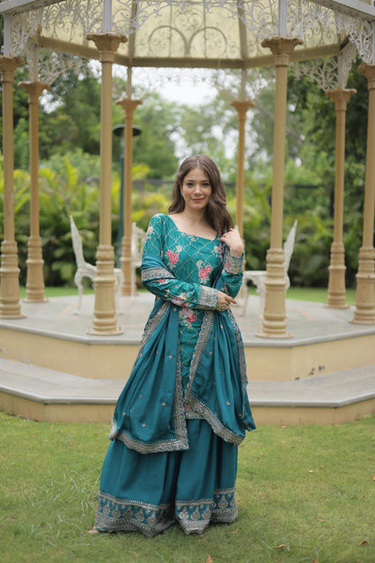 Party Wear Teal Color Chinon Printed With Sequins And Thread Embroidered Work Designer Palazzo Suit