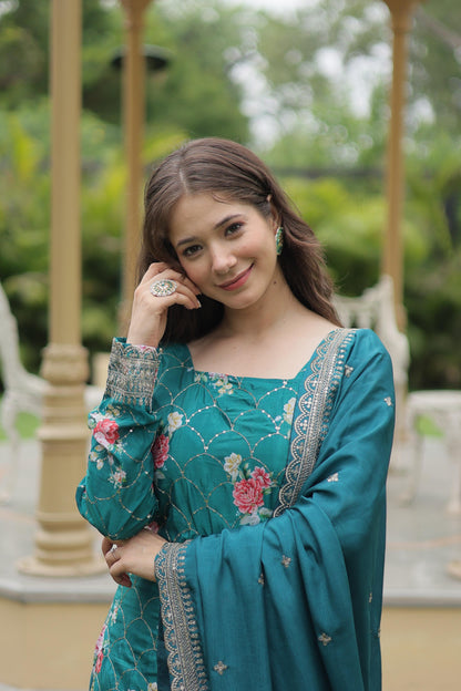 Party Wear Teal Color Chinon Printed With Sequins And Thread Embroidered Work Designer Palazzo Suit