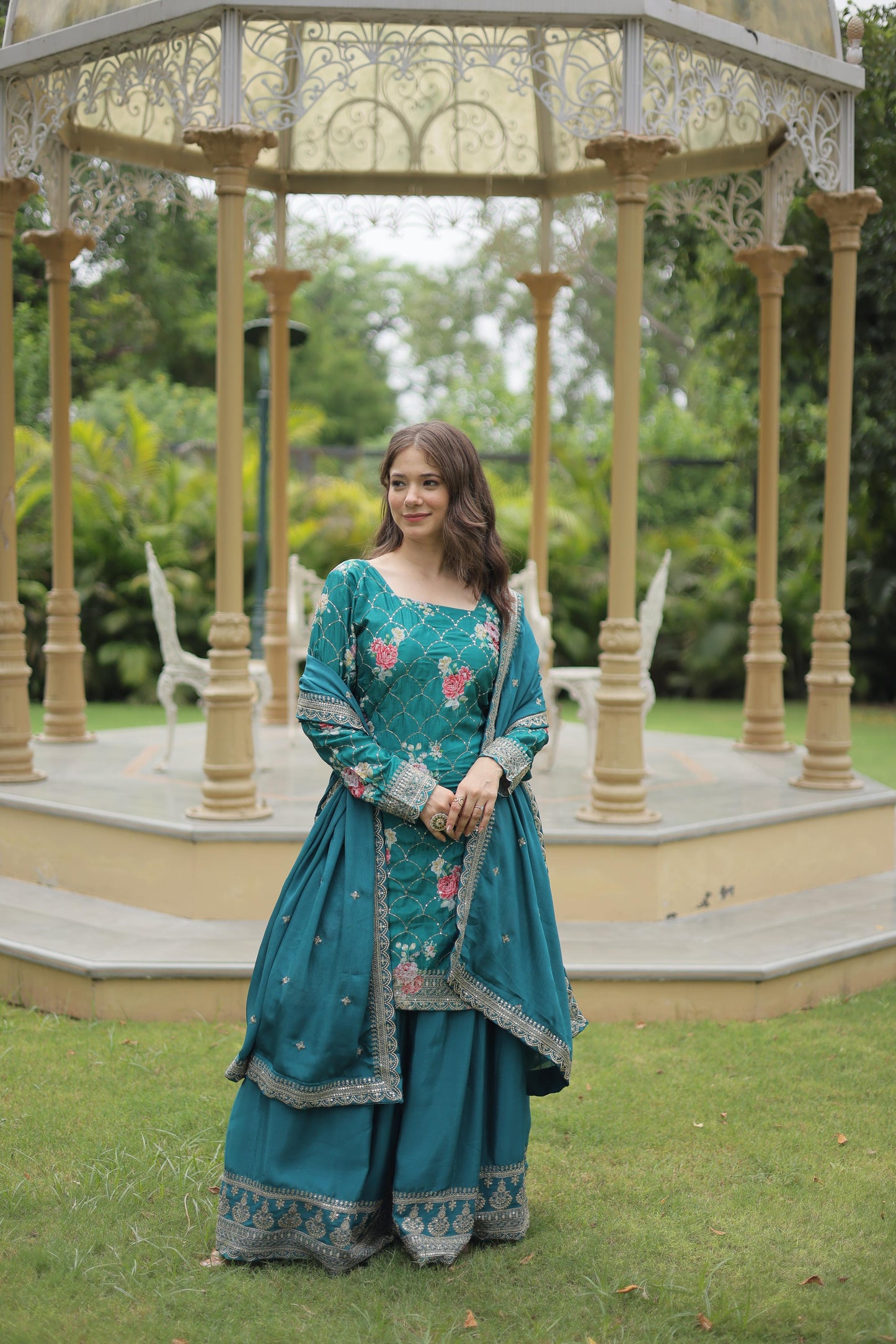 Party Wear Teal Color Chinon Printed With Sequins And Thread Embroidered Work Designer Palazzo Suit