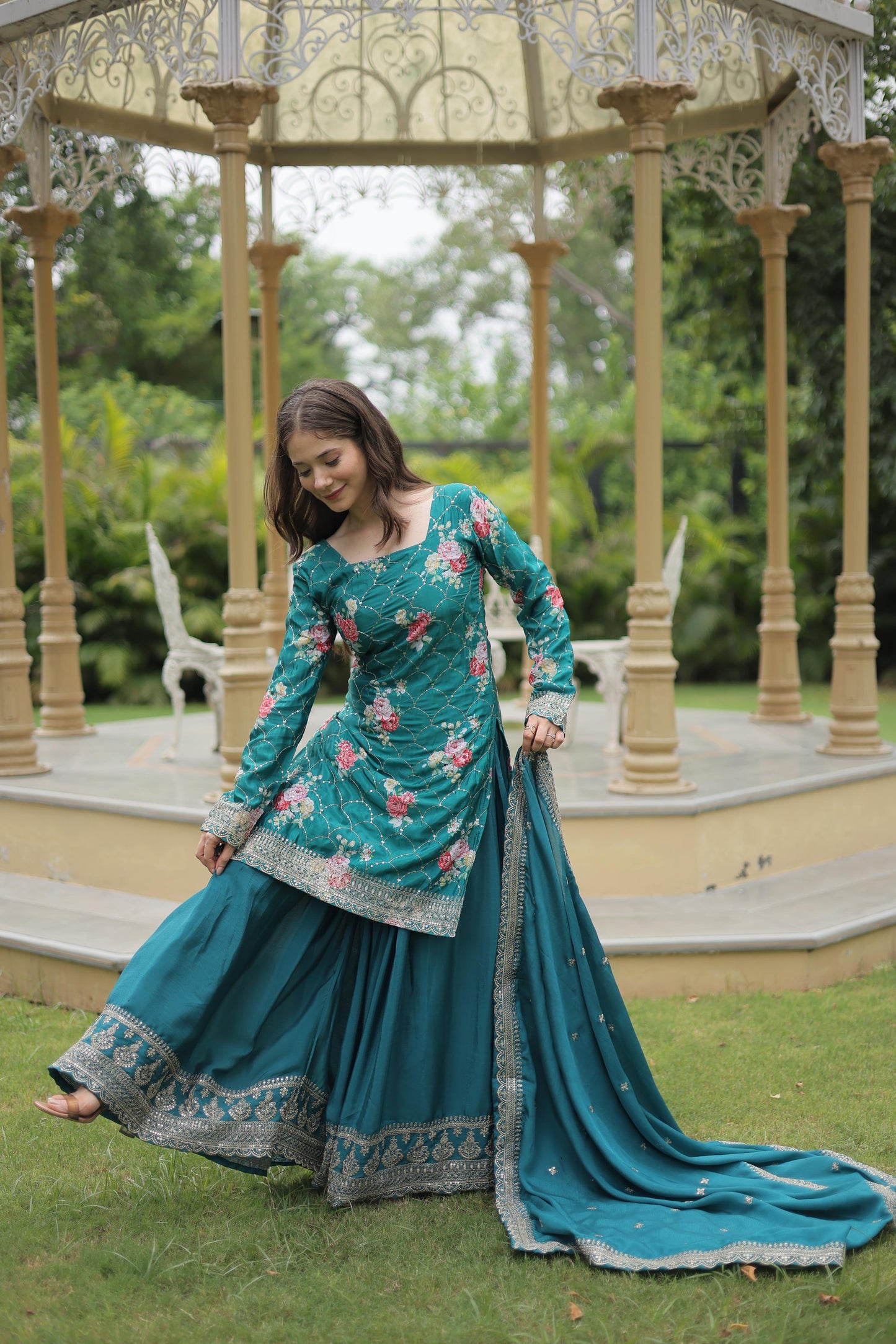 Party Wear Teal Color Chinon Printed With Sequins And Thread Embroidered Work Designer Palazzo Suit