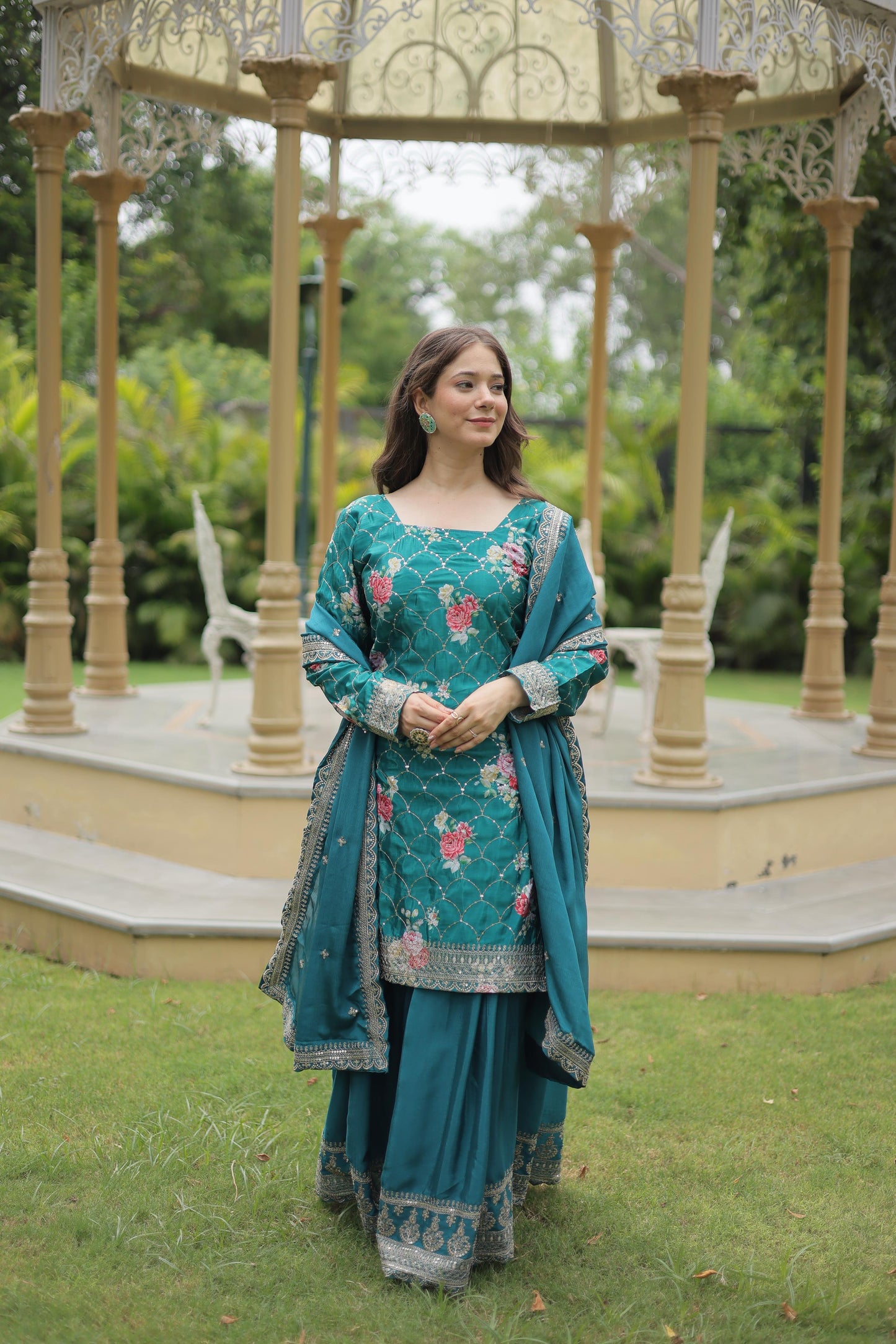 Party Wear Teal Color Chinon Printed With Sequins And Thread Embroidered Work Designer Palazzo Suit