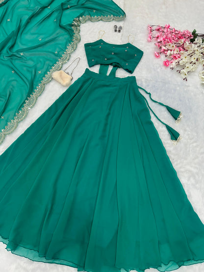 Function Wear Green Color Pure Georgette With 8 Meter Flair Lehenga Choli
