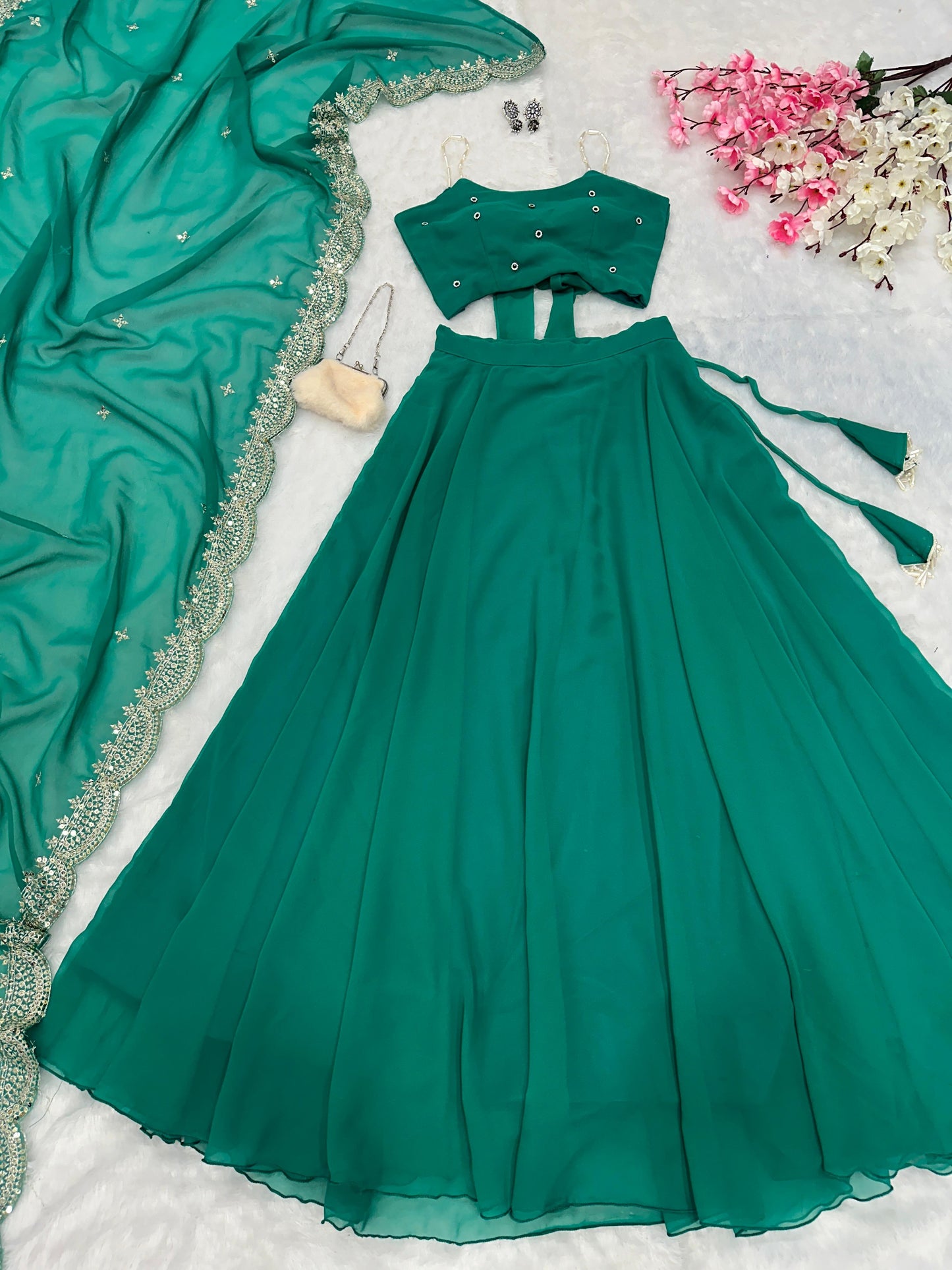 Function Wear Green Color Pure Georgette With 8 Meter Flair Lehenga Choli