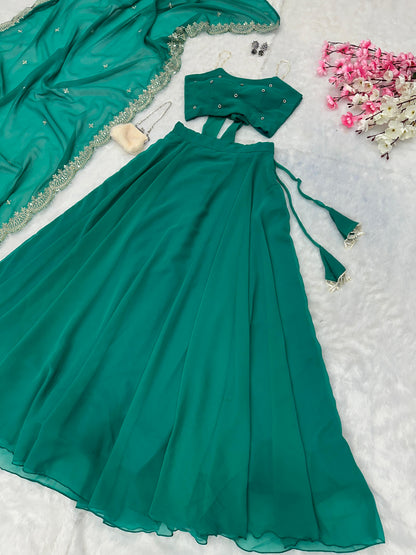Function Wear Green Color Pure Georgette With 8 Meter Flair Lehenga Choli