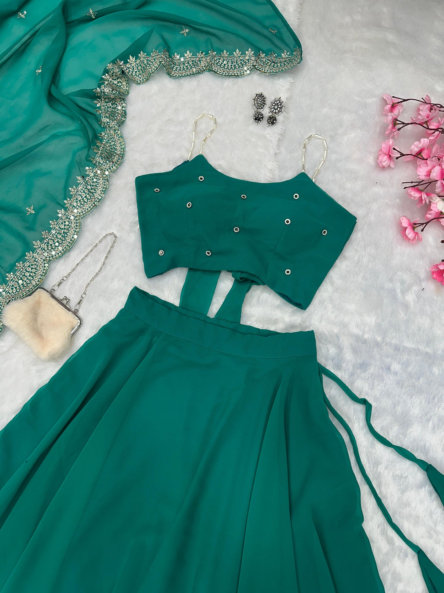 Function Wear Green Color Pure Georgette With 8 Meter Flair Lehenga Choli