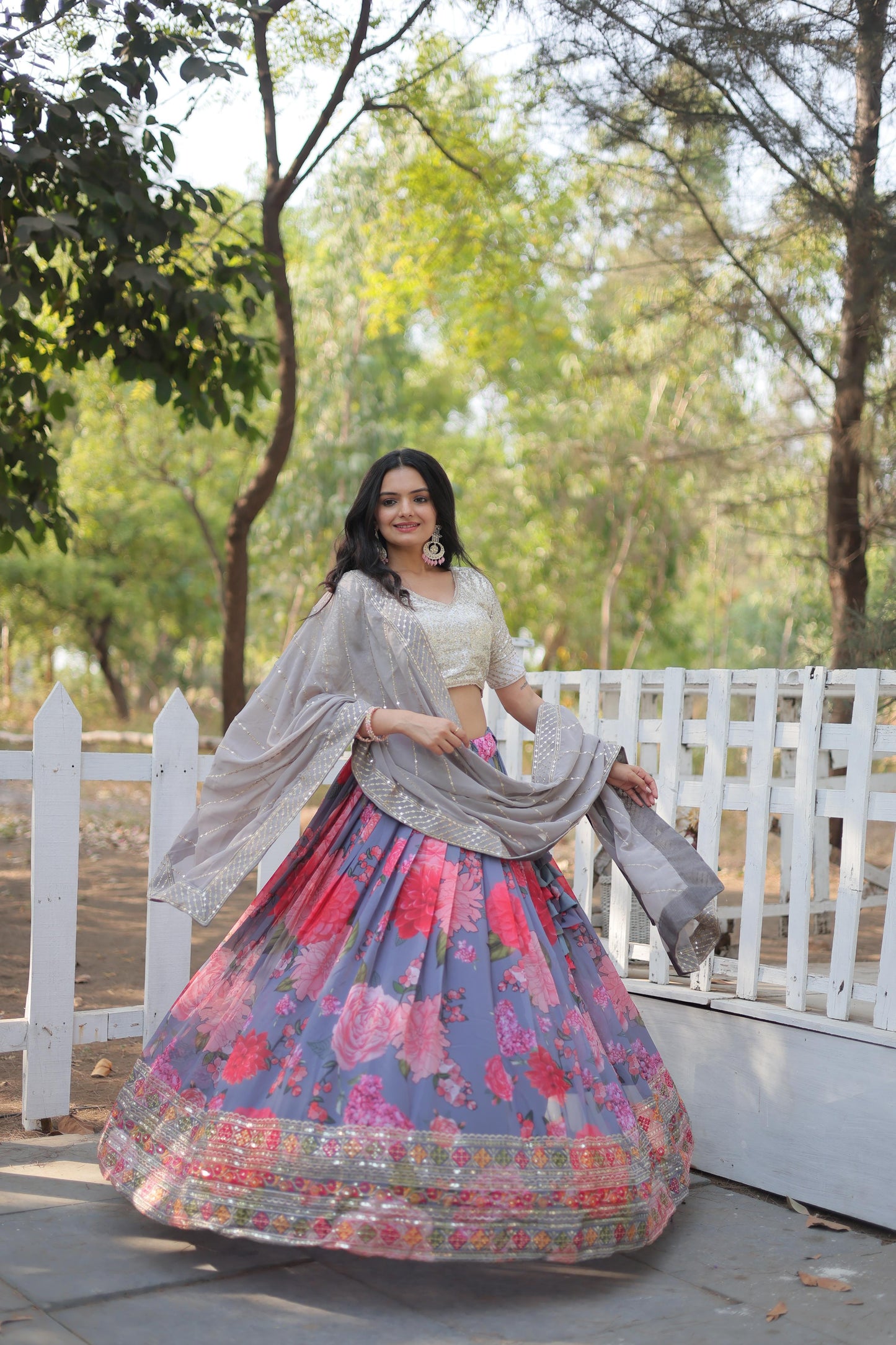 Wedding Wear Multi Color Digital Printed Faux Georgette With Heavy Sequins And Thread Embroidered Work Designer Lehenga Choli