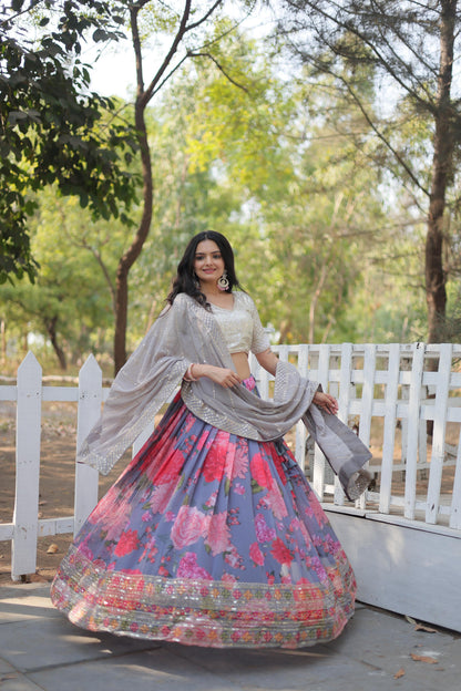 Wedding Wear Multi Color Digital Printed Faux Georgette With Heavy Sequins And Thread Embroidered Work Designer Lehenga Choli