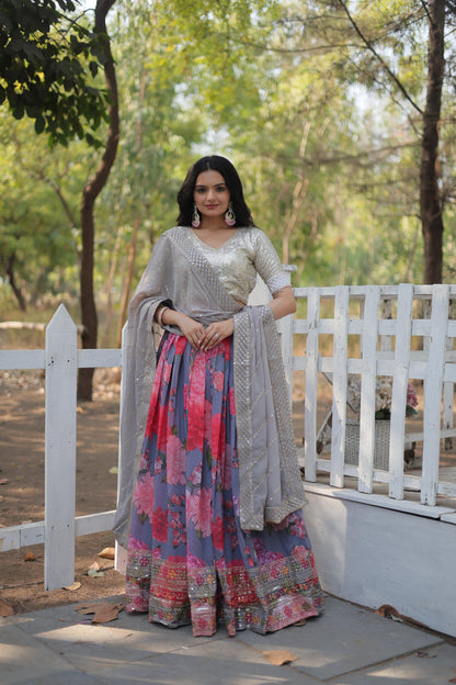 Wedding Wear Multi Color Digital Printed Faux Georgette With Heavy Sequins And Thread Embroidered Work Designer Lehenga Choli