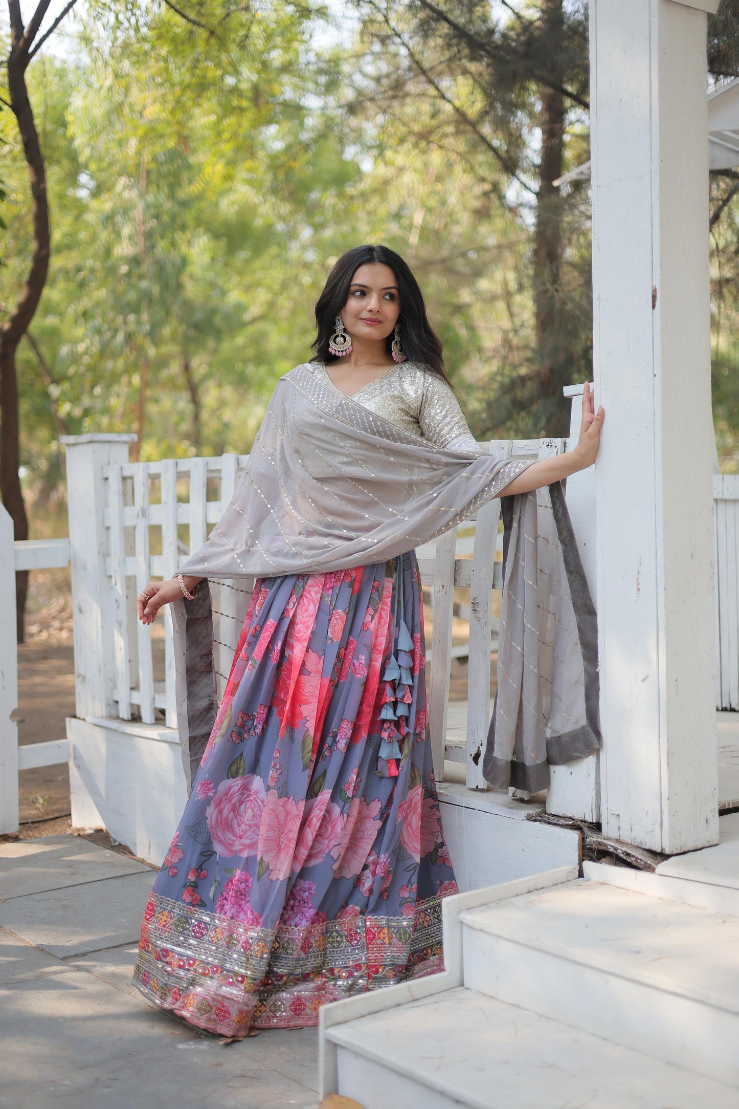 Wedding Wear Multi Color Digital Printed Faux Georgette With Heavy Sequins And Thread Embroidered Work Designer Lehenga Choli