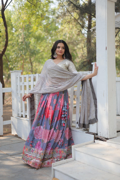 Wedding Wear Multi Color Digital Printed Faux Georgette With Heavy Sequins And Thread Embroidered Work Designer Lehenga Choli
