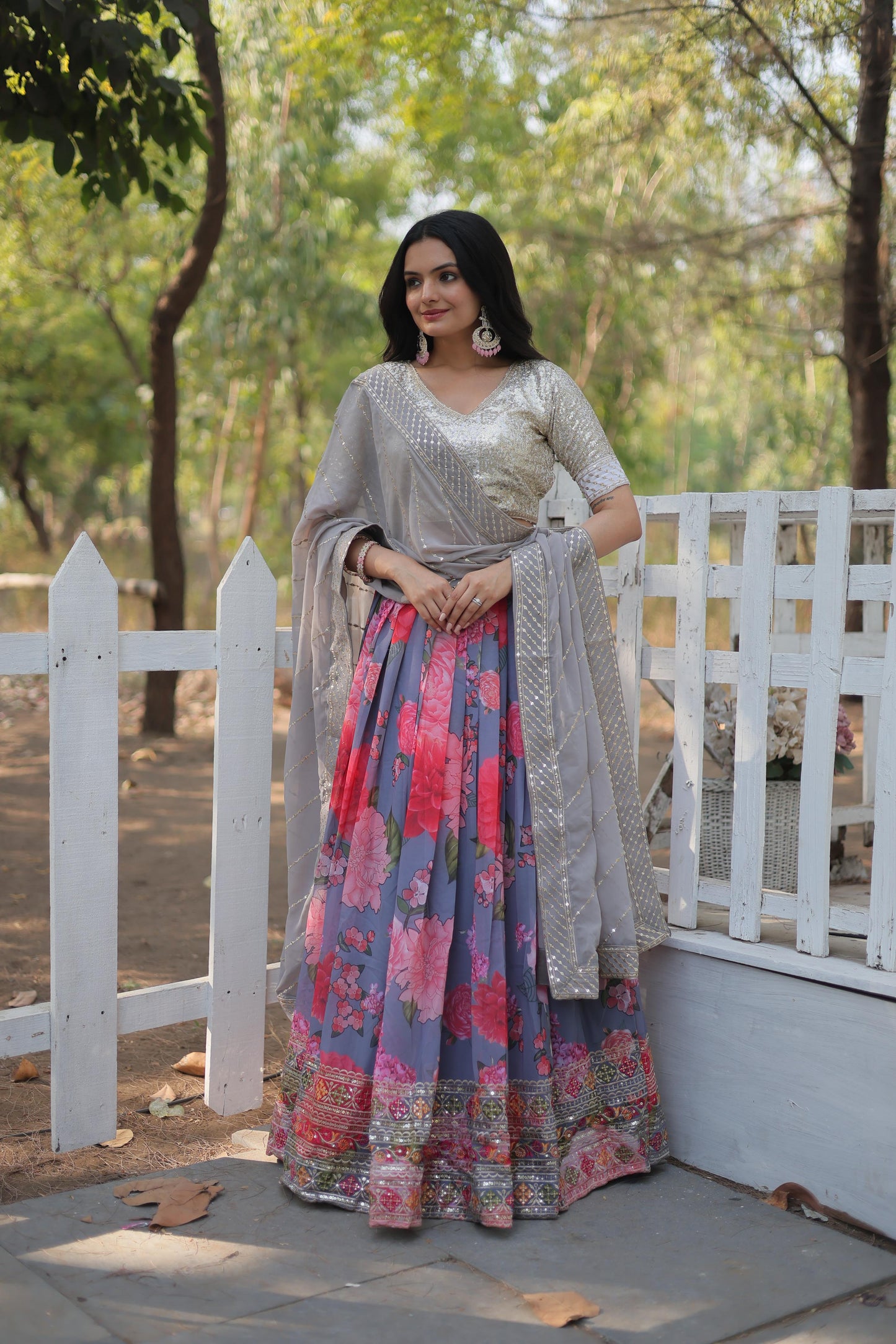Wedding Wear Multi Color Digital Printed Faux Georgette With Heavy Sequins And Thread Embroidered Work Designer Lehenga Choli