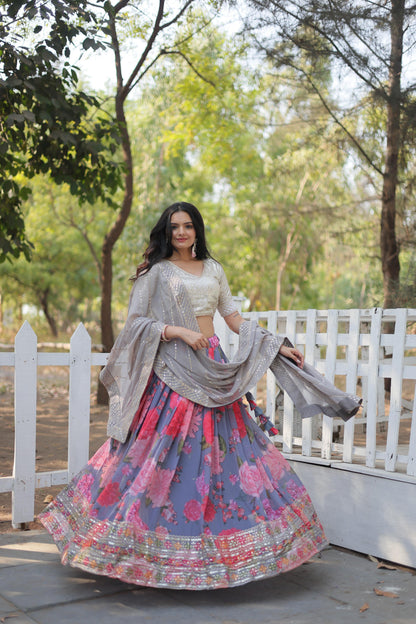 Wedding Wear Multi Color Digital Printed Faux Georgette With Heavy Sequins And Thread Embroidered Work Designer Lehenga Choli