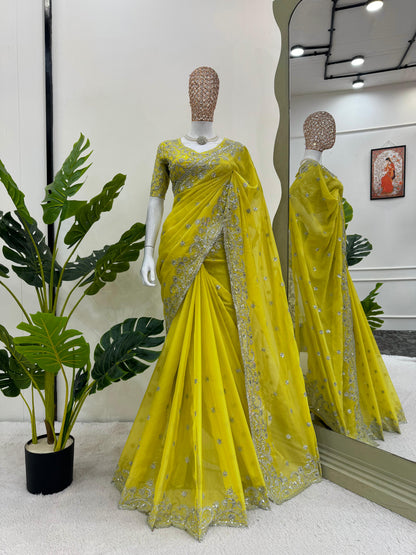 Marriage Wear Yellow Color Tibby Silk Thread And Sequence Beautiful Designer Saree