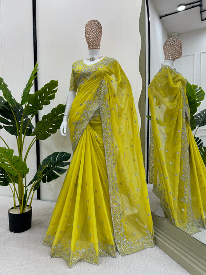 Marriage Wear Yellow Color Tibby Silk Thread And Sequence Beautiful Designer Saree