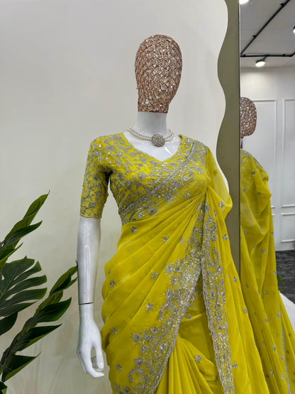Marriage Wear Yellow Color Tibby Silk Thread And Sequence Beautiful Designer Saree
