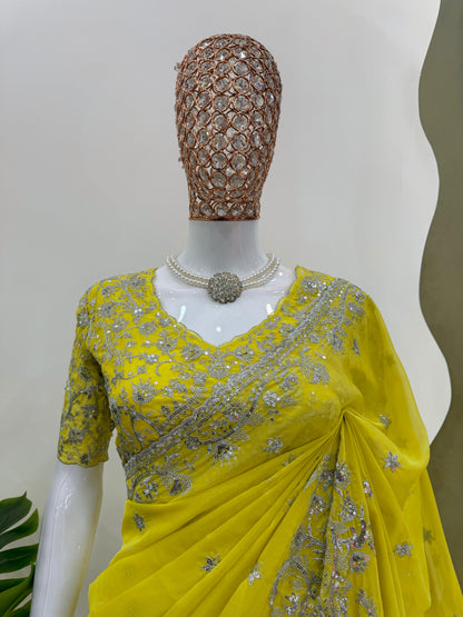 Marriage Wear Yellow Color Tibby Silk Thread And Sequence Beautiful Designer Saree