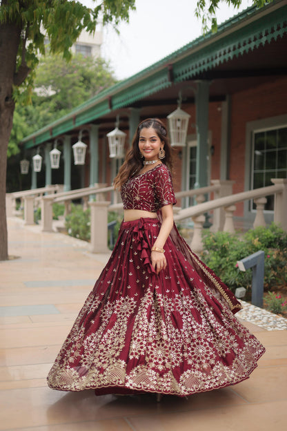 Party Wear Maroon Color Rangoli Silk With Heavy Sequins And Thread Embroidered Work Beautiful Lehenga Choli