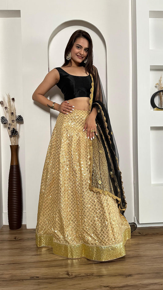 Sangeet Wear Beige Color Kasturi Silk With Heavy Sequins Work Foil Border Work Designer Lehenga Choli