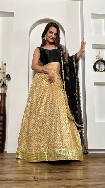 Sangeet Wear Beige Color Kasturi Silk With Heavy Sequins Work Foil Border Work Designer Lehenga Choli