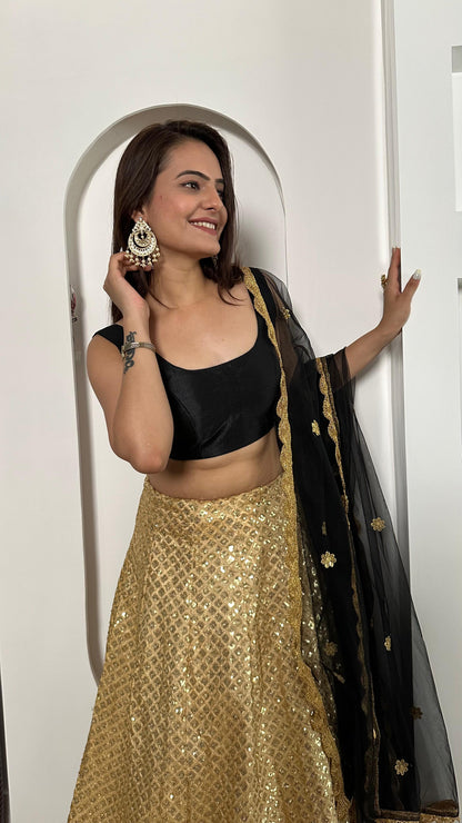 Sangeet Wear Beige Color Kasturi Silk With Heavy Sequins Work Foil Border Work Designer Lehenga Choli