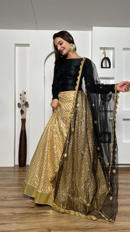 Sangeet Wear Beige Color Kasturi Silk With Heavy Sequins Work Foil Border Work Designer Lehenga Choli