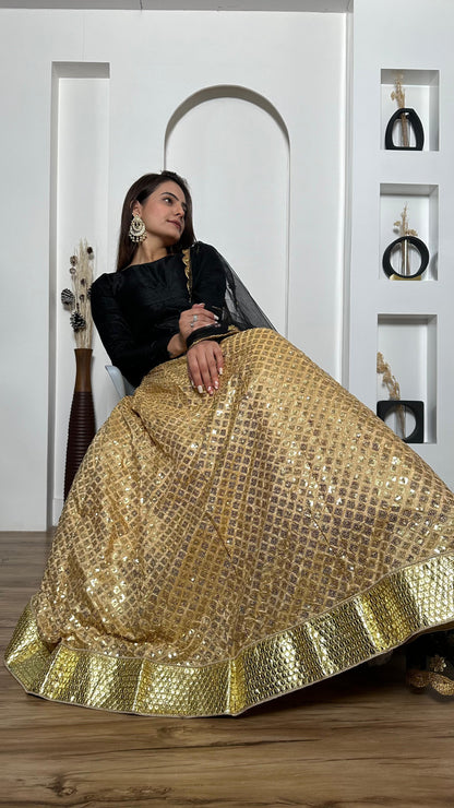 Sangeet Wear Beige Color Kasturi Silk With Heavy Sequins Work Foil Border Work Designer Lehenga Choli