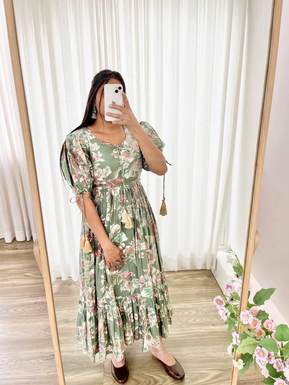 Trendy Pista Green Color Roman Silk Foil Printed Designer Gown