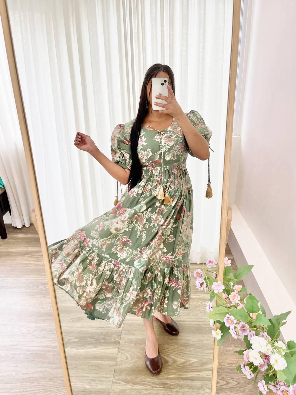 Trendy Pista Green Color Roman Silk Foil Printed Designer Gown