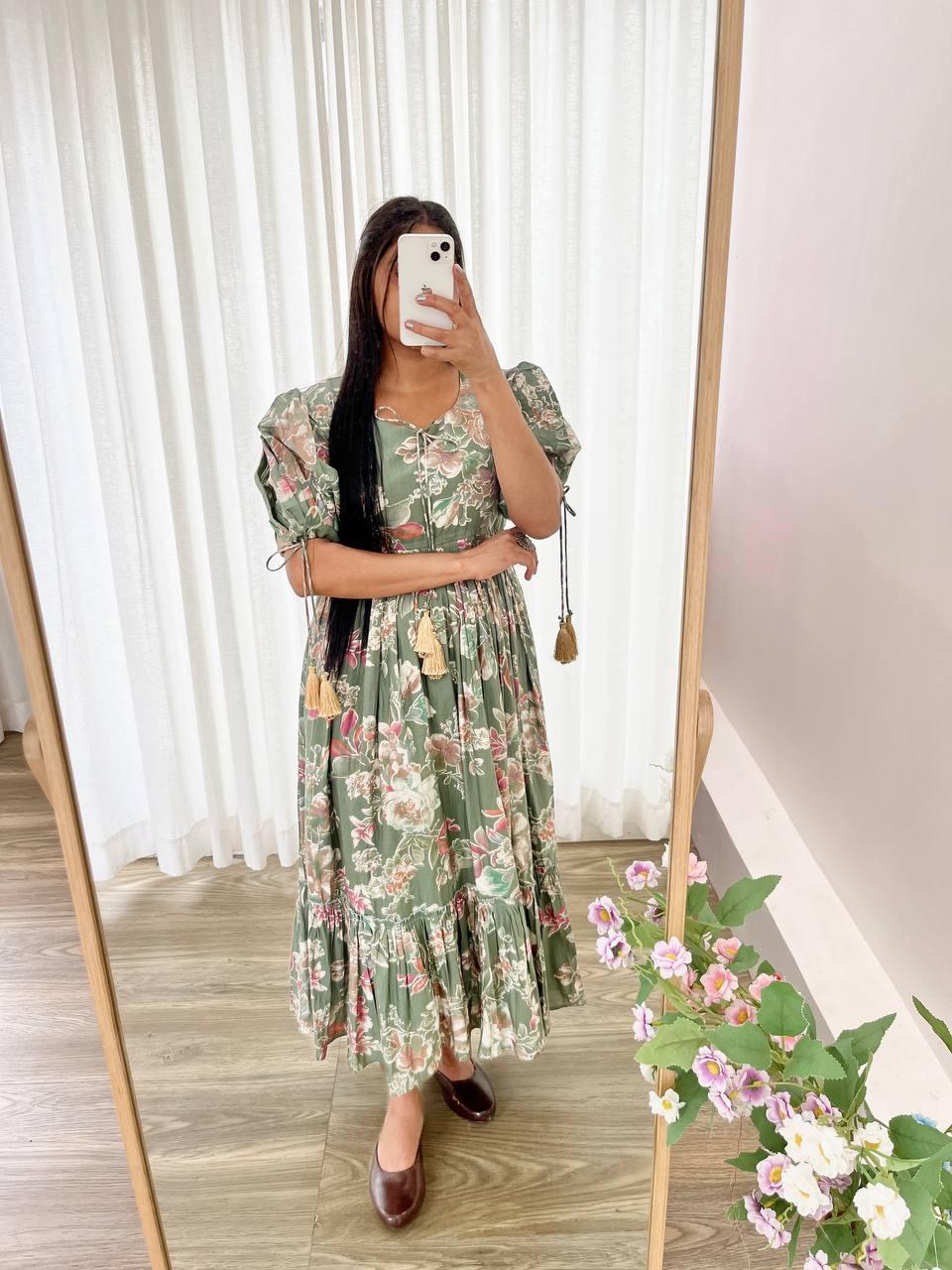 Trendy Pista Green Color Roman Silk Foil Printed Designer Gown