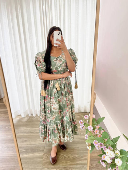 Trendy Pista Green Color Roman Silk Foil Printed Designer Gown