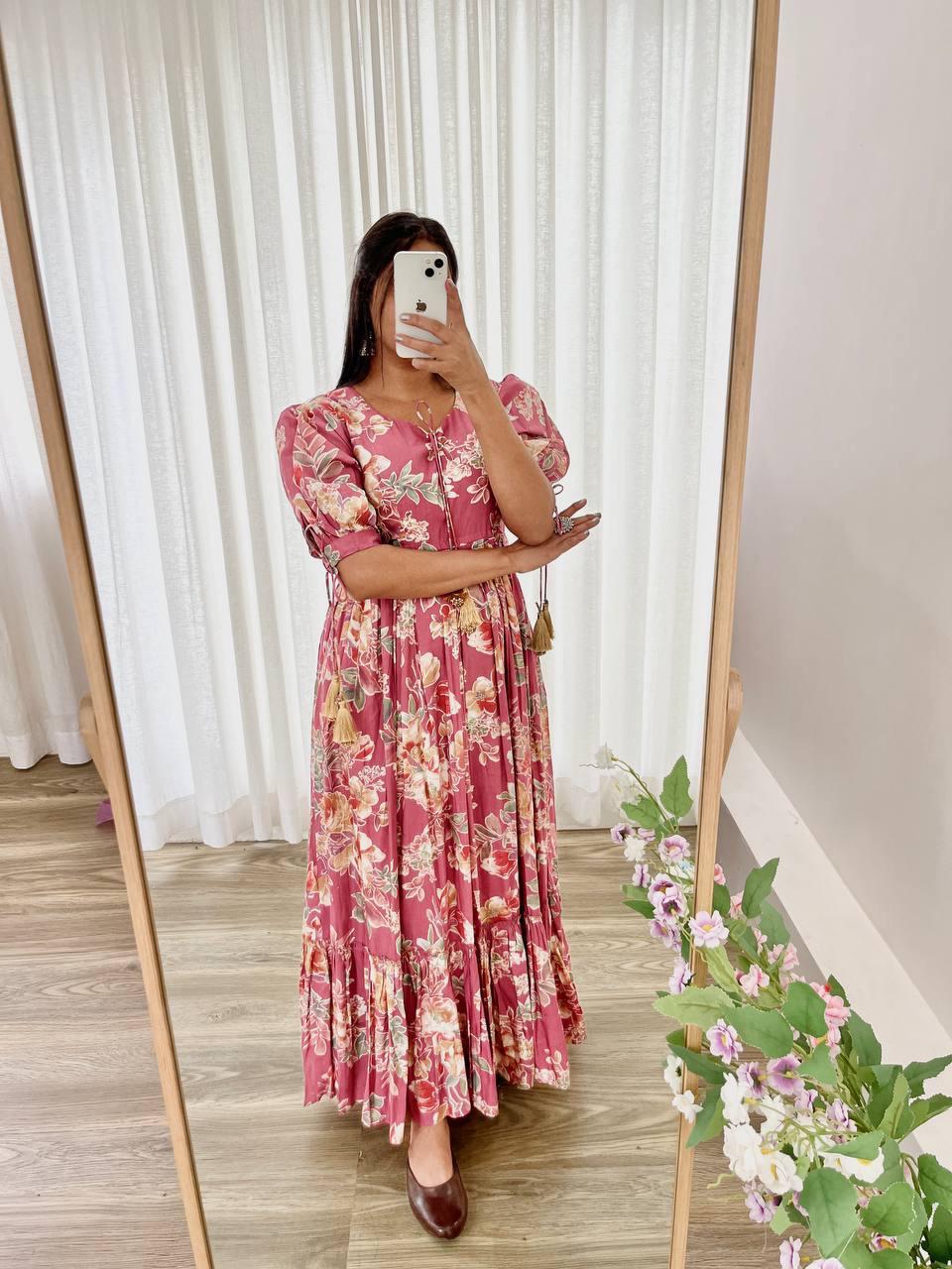 Trendy Peach Color Roman Silk Foil Printed Designer Gown