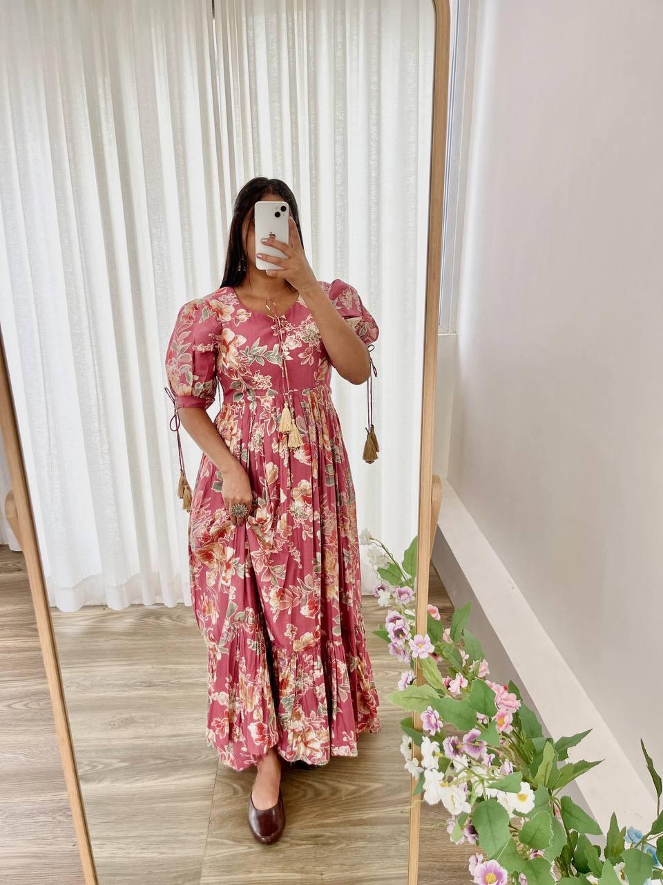 Trendy Peach Color Roman Silk Foil Printed Designer Gown