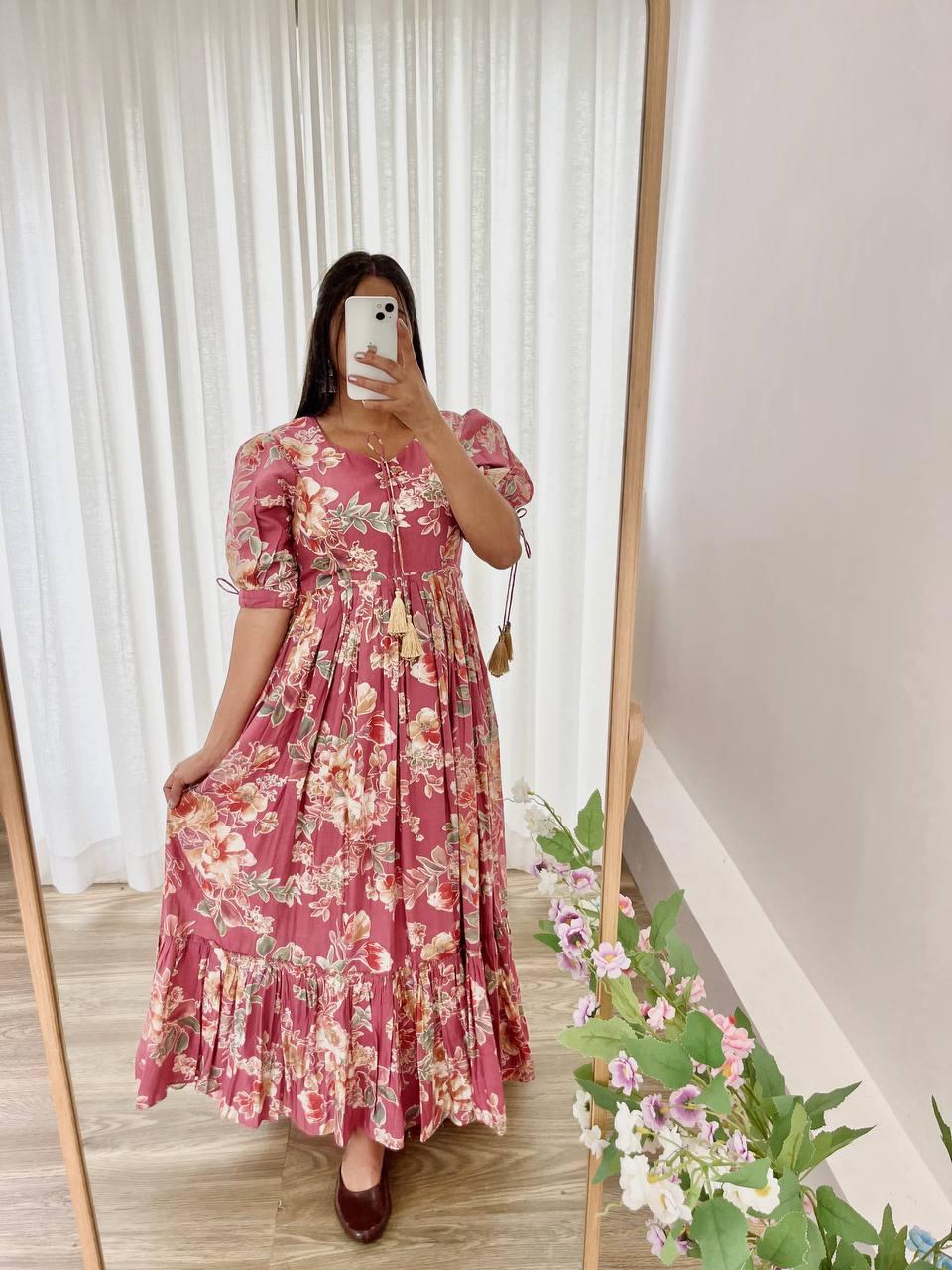 Trendy Peach Color Roman Silk Foil Printed Designer Gown