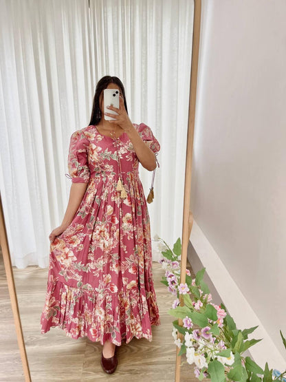 Trendy Peach Color Roman Silk Foil Printed Designer Gown