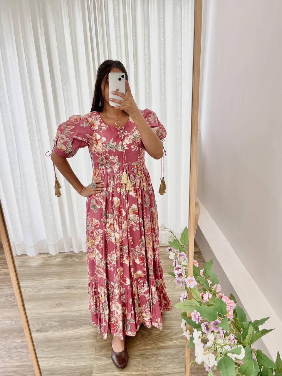 Trendy Peach Color Roman Silk Foil Printed Designer Gown