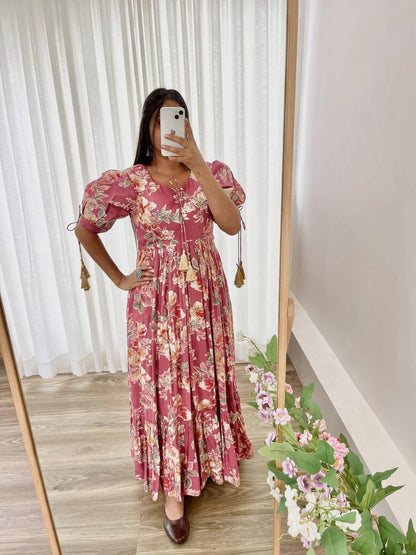 Trendy Peach Color Roman Silk Foil Printed Designer Gown