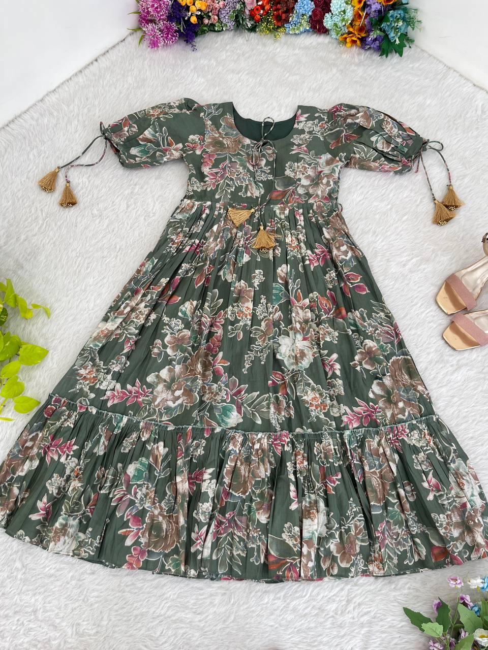 Trendy Pista Green Color Roman Silk Foil Printed Designer Gown