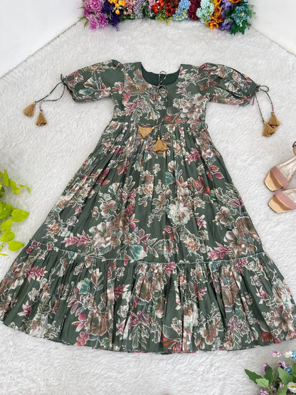 Trendy Pista Green Color Roman Silk Foil Printed Designer Gown