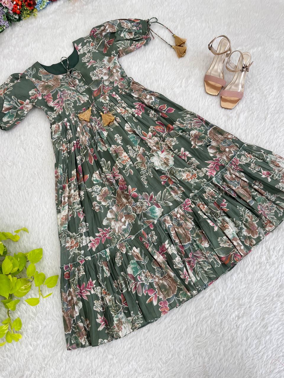 Trendy Pista Green Color Roman Silk Foil Printed Designer Gown